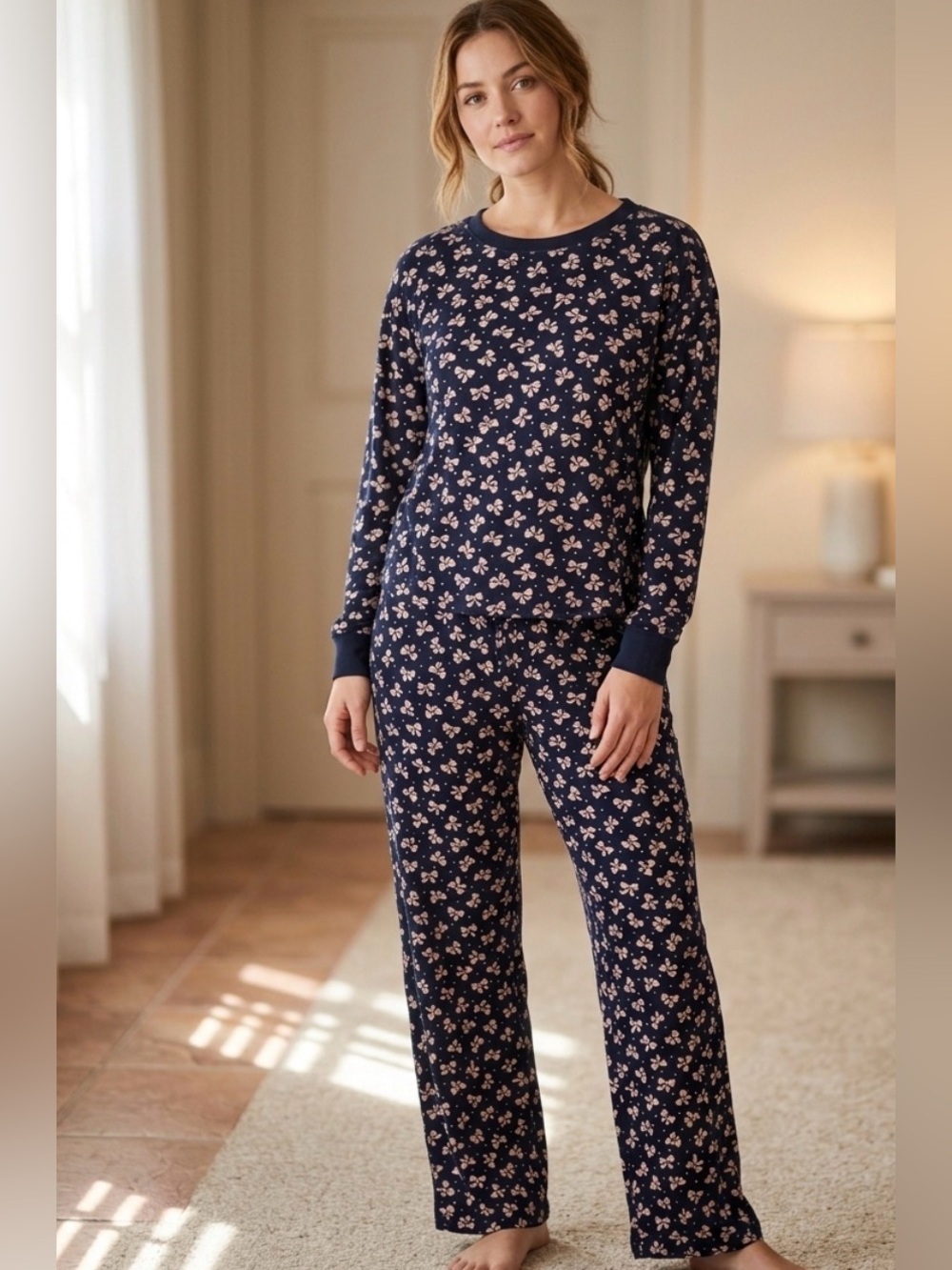 Women Navy Blue Bow Pajama Set